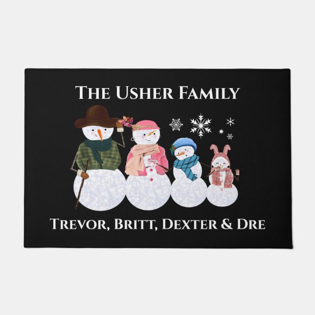 Family of 4 Snowmen Personalized Door Mat (Front)