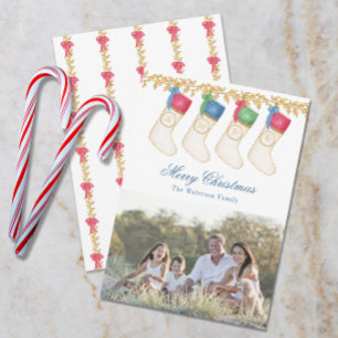 Family of 4 - Watercolor Monogram Stockings Photo Holiday Card