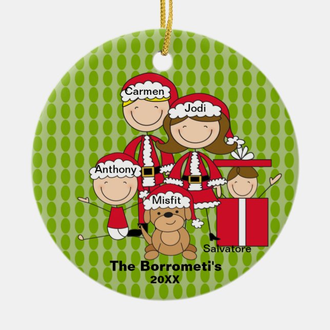 Family of 4 with Dog Christmas Ornament (Front)
