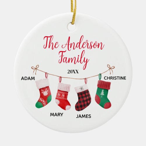 Family of 4 With Names Cute Socks  Ceramic Ornament