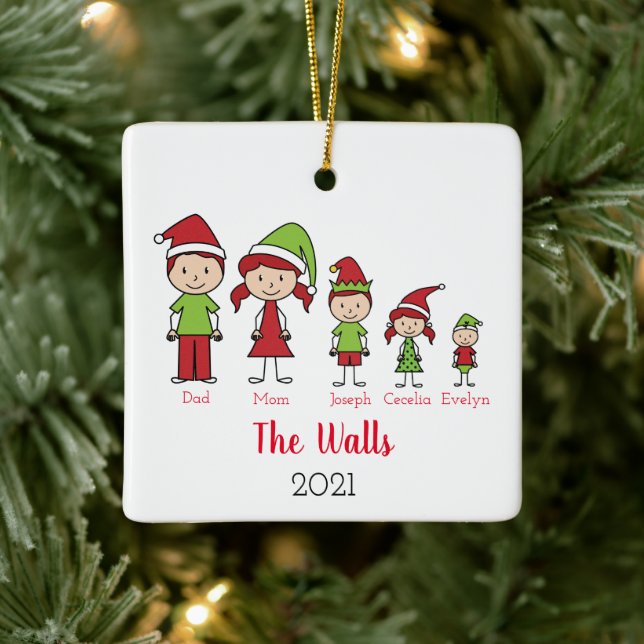 Family of 5 Cute Christmas Personalized Ceramic Ornament (Tree)