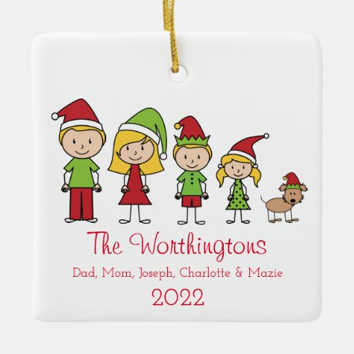 Family of 5 Cute Personalized Christmas Ceramic Ornament