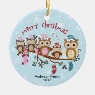 Family of 5 Owl Family Christmas Ceramic Ornament