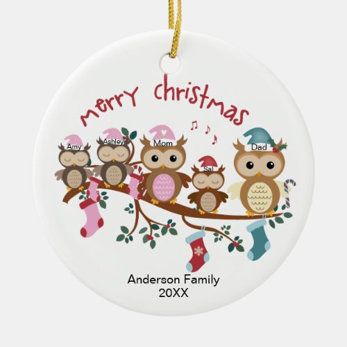 Family of 5 Owl Family Christmas Ceramic Ornament