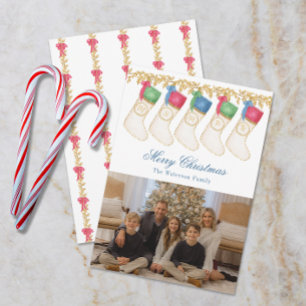Family of 5 - Watercolor Monogram Stockings Photo Holiday Card