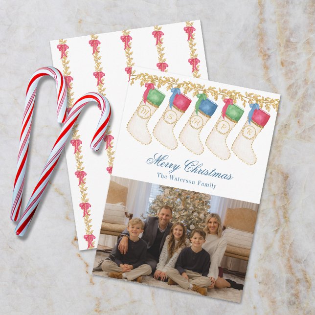 Family of 5 - Watercolor Monogram Stockings Photo Holiday Card (Creator Uploaded)