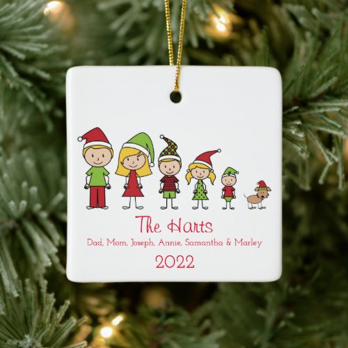 Family of 5 with Pet Personalized Christmas Cerami Ceramic Ornament