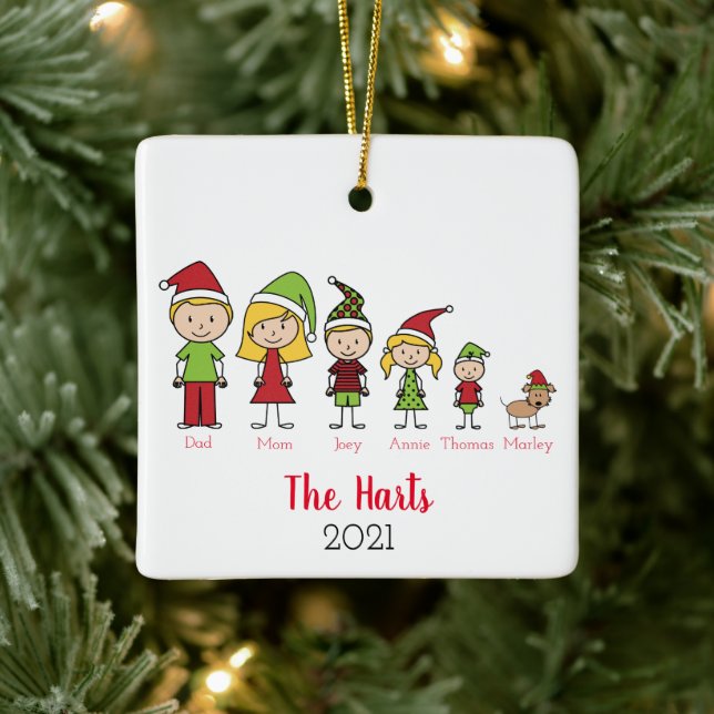 Family of 5 with Pet Personalized Christmas Ceramic Ornament (Tree)