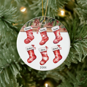 Family of 6 six Christmas stockings watercolor Ceramic Ornament