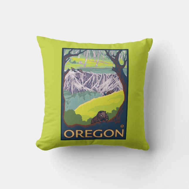 Family of Beavers Throw Pillow (Front)