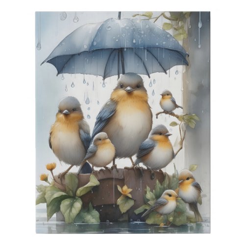 Family of Birds Under Umbrella in the Rain Faux Canvas Print