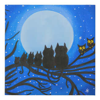 Family of Black Cats and Owls Under a Huge Moon Faux Canvas Print