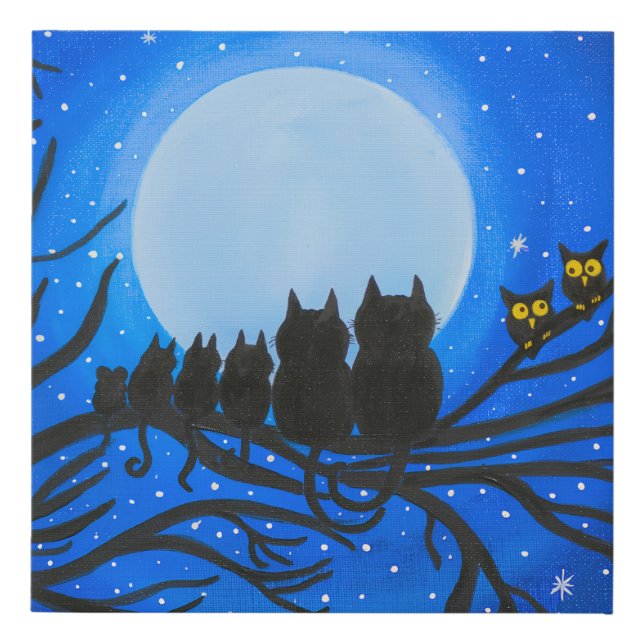 Family of Black Cats and Owls Under a Huge Moon Faux Canvas Print (Front)