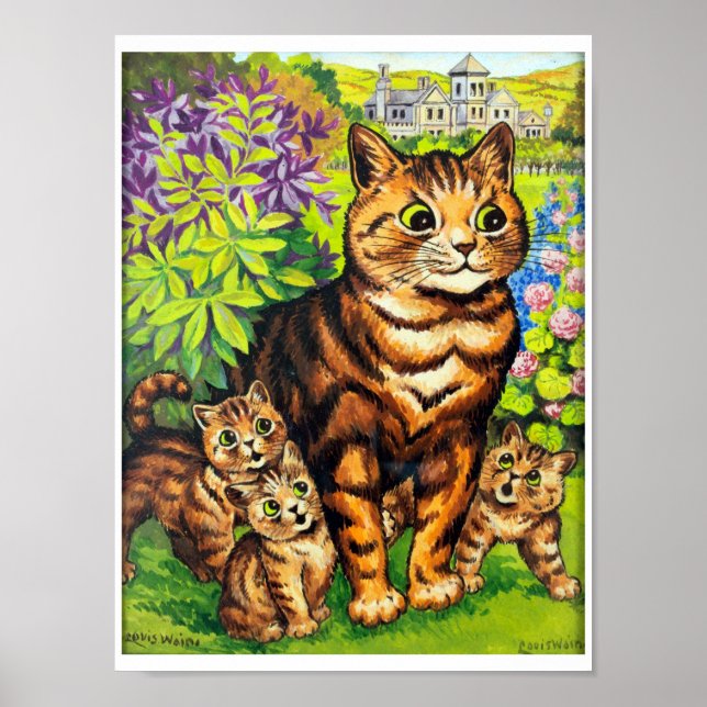 Family of Cats in a Garden, Louis Wain Poster (Front)