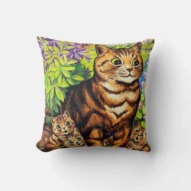 Family of Cats in a Garden, Louis Wain Throw Pillow (Front)