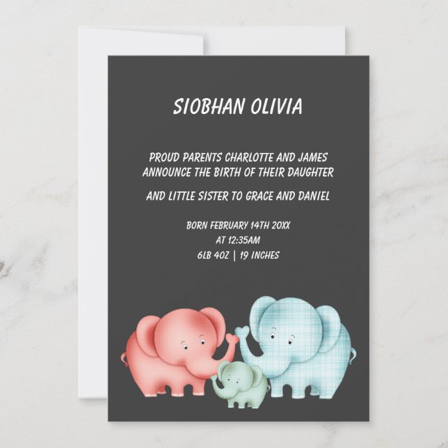 Family Of Elephants Mom Dad And Baby Announcement (Front)