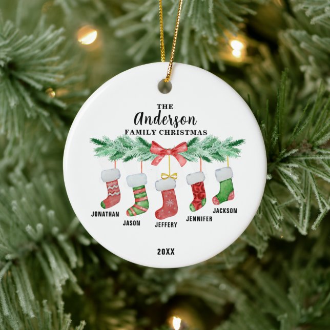 Family of Five  Christmas Stocking Personalized  Ceramic Ornament (Tree)