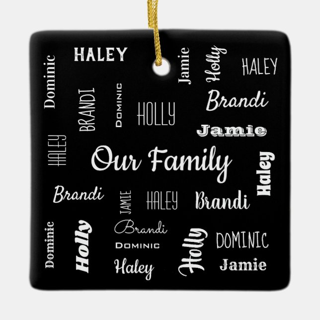 Family of Five In Cool Fonts Personalized Ceramic Ornament (Front)