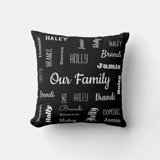 Family of Five In Cool Fonts Personalized Throw Pillow (Front)