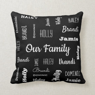 Family of Five In Cool Fonts Personalized Throw Pillow