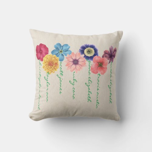 Family of Flowers 7_names  Throw Pillow