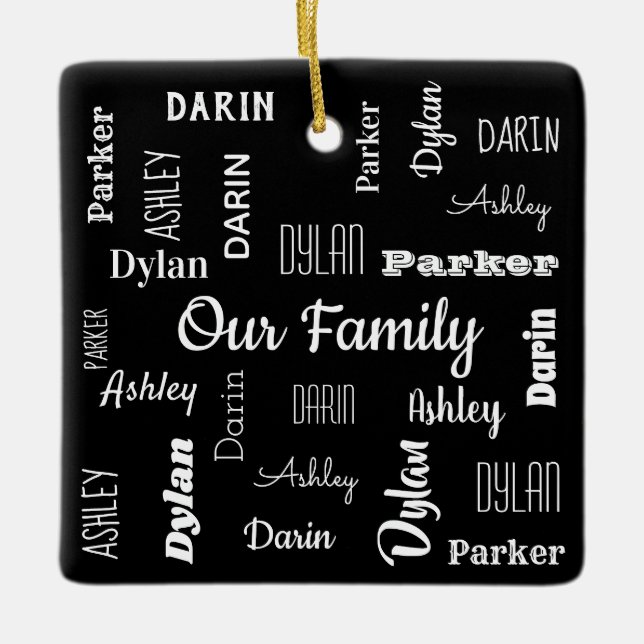 Family of Four In Cool Fonts Ceramic Ornament (Front)