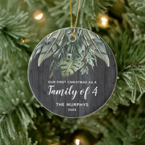 Family Of Four Personalized Wood Tropical Greenery Ceramic Ornament