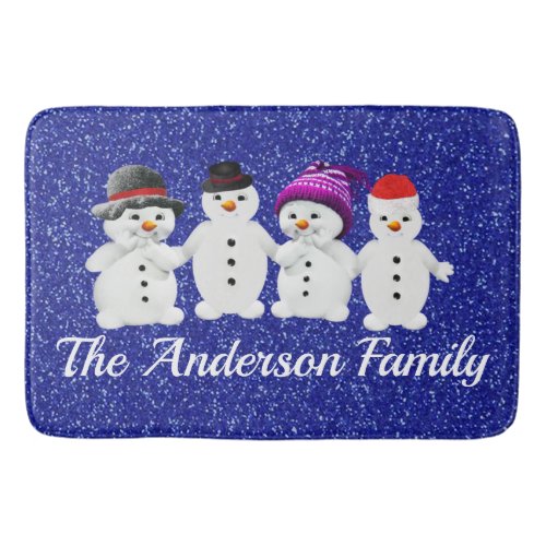 Family of Four Snowmen Blue Sparkle Winter     Bath Mat