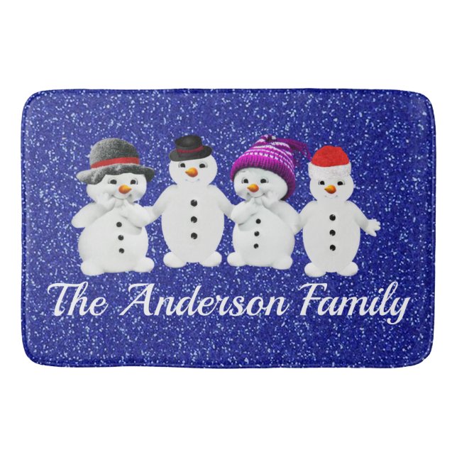 Family of Four Snowmen Blue Sparkle Winter     Bath Mat (Front)