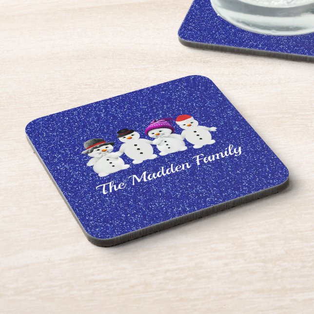 Family of Four Snowmen Blue Sparkle Winter  Beverage Coaster (Left Side)