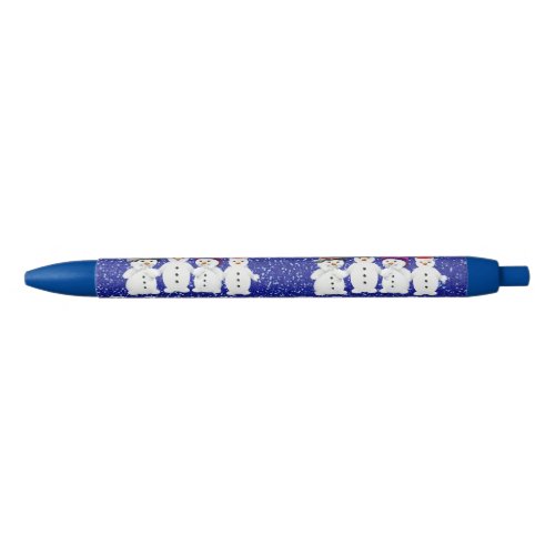 Family of Four Snowmen Blue Sparkle Winter  Blue Ink Pen