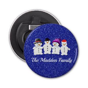 Family of Four Snowmen Blue Sparkle Winter Bottle Opener