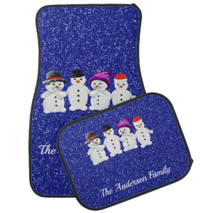 Family of Four Snowmen Blue Sparkle Winter Car Floor Mat