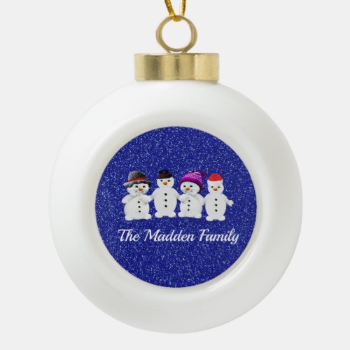 Family of Four Snowmen Blue Sparkle Winter   Ceramic Ball Christmas Ornament