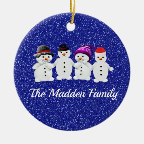 Family of Four Snowmen Blue Sparkle Winter  Ceramic Ornament