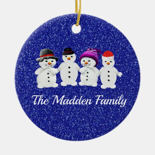 Family of Four Snowmen Blue Sparkle Winter  Ceramic Ornament (Front)