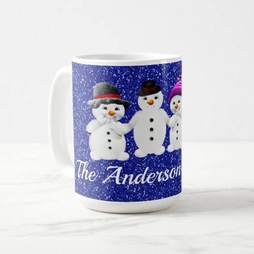 Family of Four Snowmen Blue Sparkle Winter     Coffee Mug
