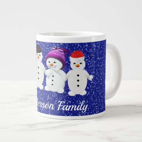 Family of Four Snowmen Blue Sparkle Winter    Giant Coffee Mug