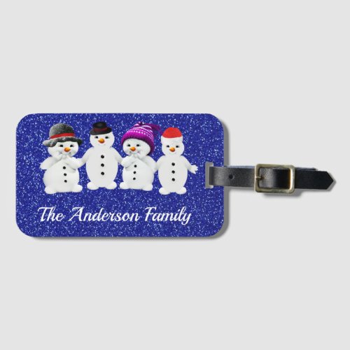Family of Four Snowmen Blue Sparkle Winter     Luggage Tag