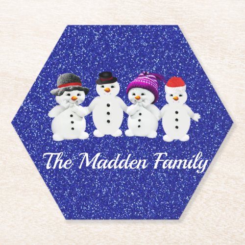 Family of Four Snowmen Blue Sparkle Winter  Paper Coaster