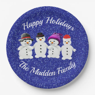 Family of Four Snowmen Blue Sparkle Winter Paper Plates