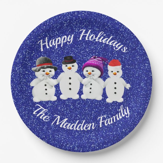 Family of Four Snowmen Blue Sparkle Winter   Paper Plates (Front)