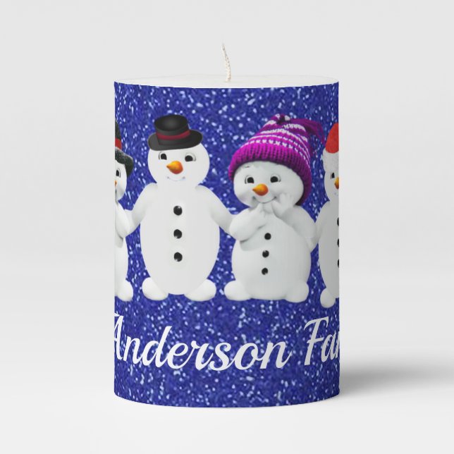 Family of Four Snowmen Blue Sparkle Winter      Pillar Candle (Front)