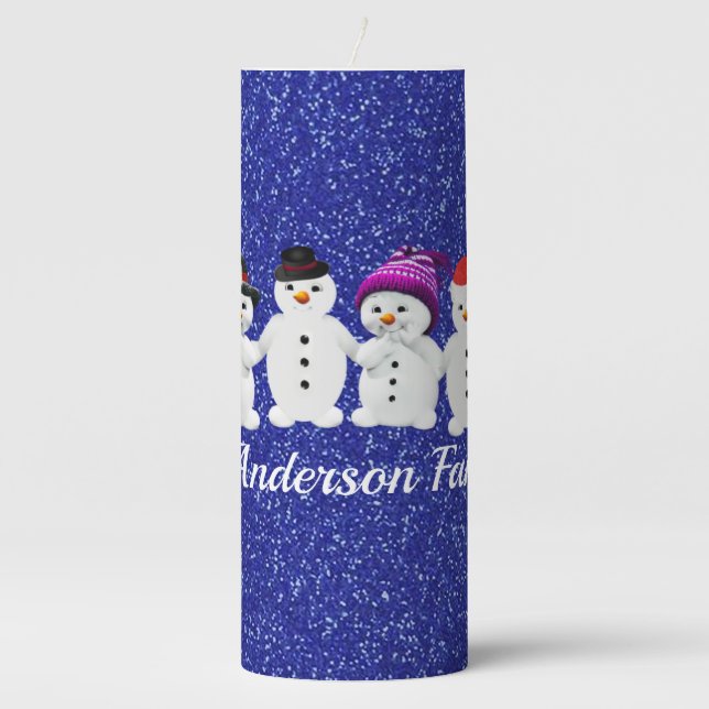 Family of Four Snowmen Blue Sparkle Winter    Pillar Candle (Front)