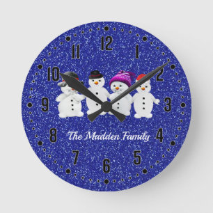 Family of Four Snowmen Blue Sparkle Winter Round P Clock