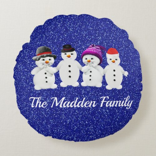 Family of Four Snowmen Blue Sparkle Winter Round Pillow