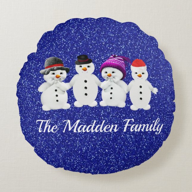 Family of Four Snowmen Blue Sparkle Winter Round Pillow (Front)