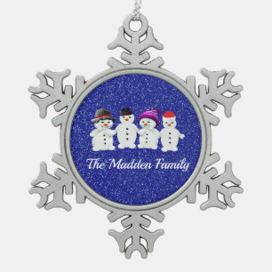 Family of Four Snowmen Blue Sparkle Winter Snowflake Pewter Christmas Ornament