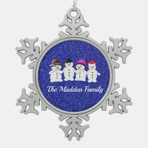Family of Four Snowmen Blue Sparkle Winter     Snowflake Pewter Christmas Ornament