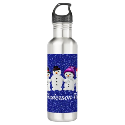Family of Four Snowmen Blue Sparkle Winter    Stainless Steel Water Bottle